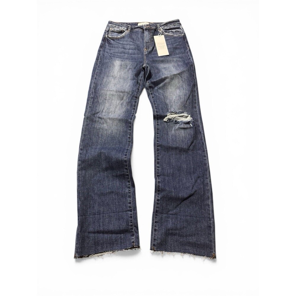 NWT Risen Jeans Womens 15/32 Dark Wash Raw Hem Distressed Blue Pants Denim